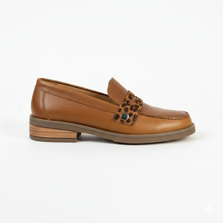Mocasín de cuero aura para mujer camel lateral