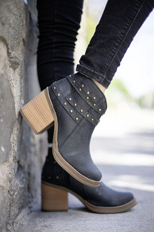 Botín Cuero Reptil Negro